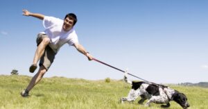 A person jumping over a dog Description automatically generated with medium confidence