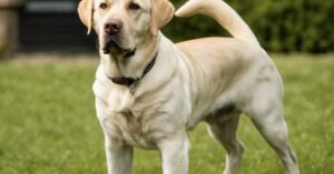 labrador retriever standing in a yard